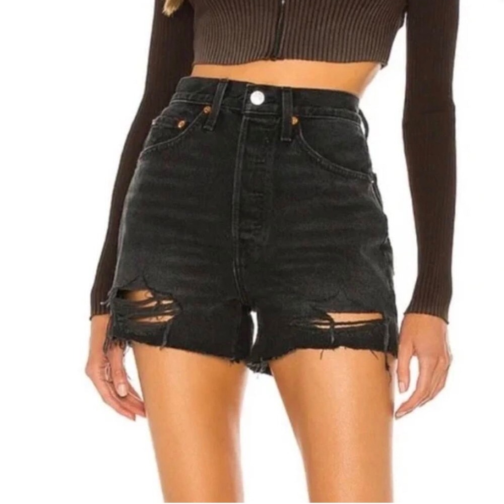 Redone 50s Cut Off Denim Shorts High Rise Distressed Shadow Black‎ - 30